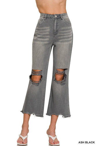 Distressed Knee and Hem Ash Black Denim Jeans