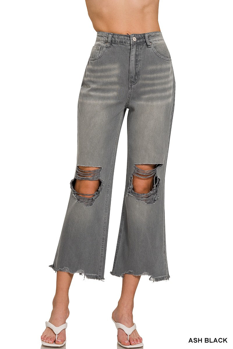 Distressed Knee and Hem Ash Black Denim Jeans