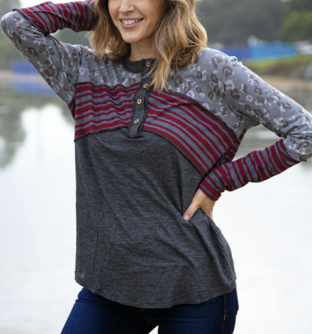 Burgundy Stripe/Animal Print Sleeve Top