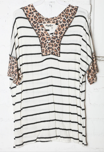 Stripe/Leopard Detail Short Sleeve