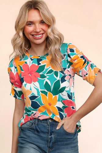 Teal Floral Short Sleeve Top