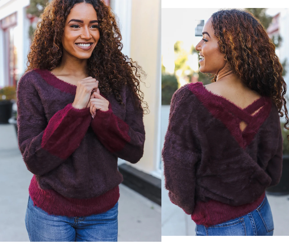 Mocha/Burgundy Fuzzy Sweater