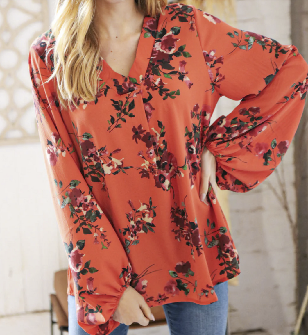 Orange Floral Blouse - 3X