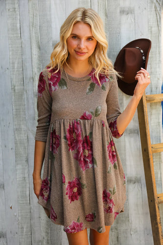 Floral Taupe 3/4 Sleeve Dress