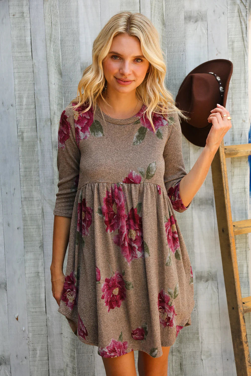 Floral Taupe 3/4 Sleeve Dress